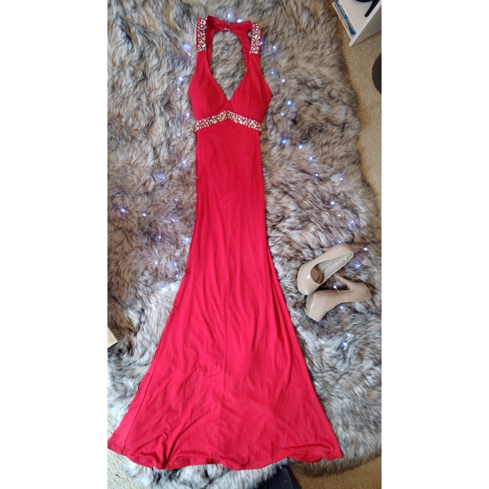 Floor length red prom dress
